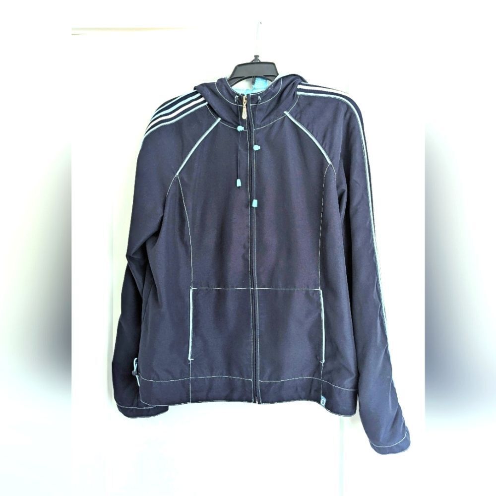 Fuda Womens Jacket Large Navy Blue Microfiber Softshell Coat Windbreaker Stripes